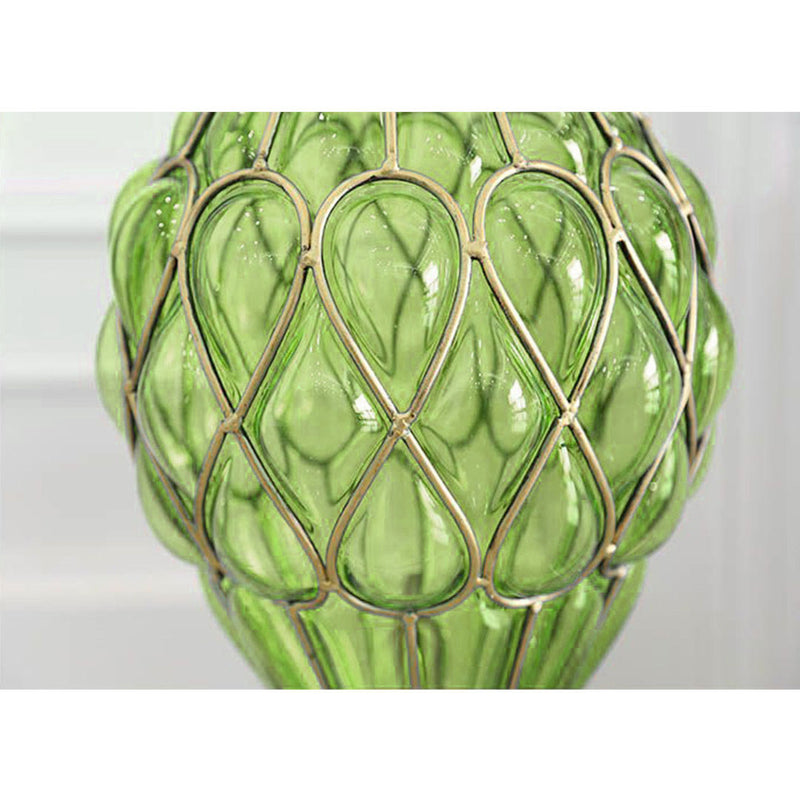 67cm Green Glass Floor Vase Gold Metal Accent With 10pcs White Silk Flowers