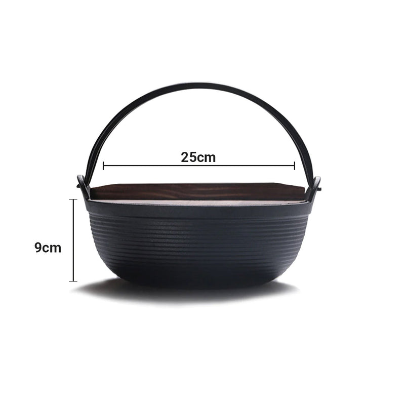 25cm Cast Iron Japanese Sukiyaki Hot Pot With Wooden Lid Non-Stick Surface