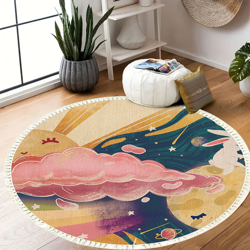 120cm Round Tassels Area Rug Polyester Multicolor Sky Landscape Clouds Non Slip