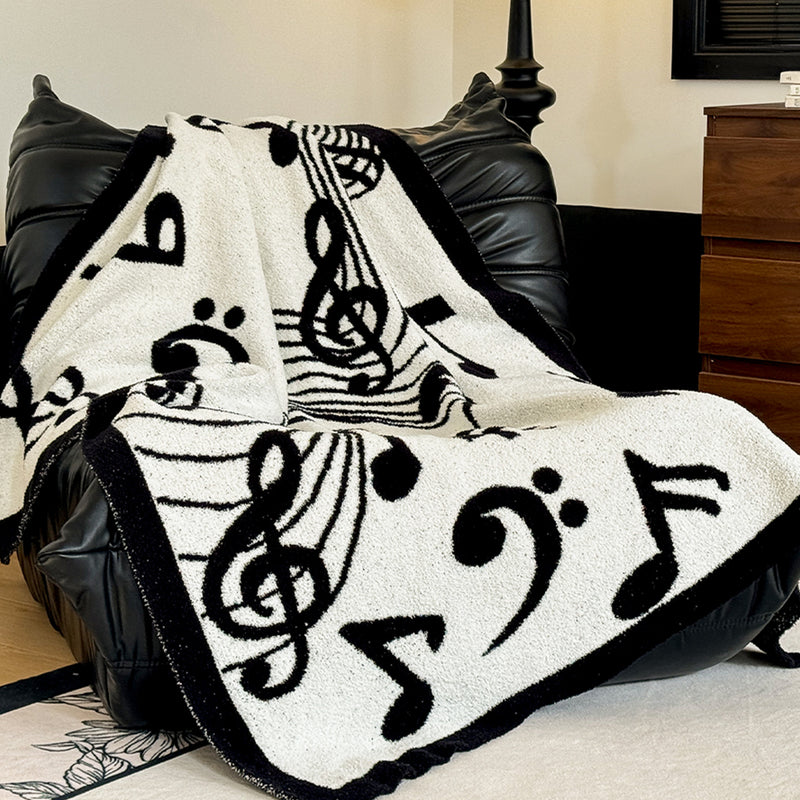 2X 130x160cm Polyester Half Fleece Throw Blanket Black And White Musical Note