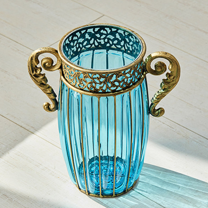 Blue Glass And Gold Metal Vase With Silk Rose Bouquet 4 Bunch 11 Heads Set