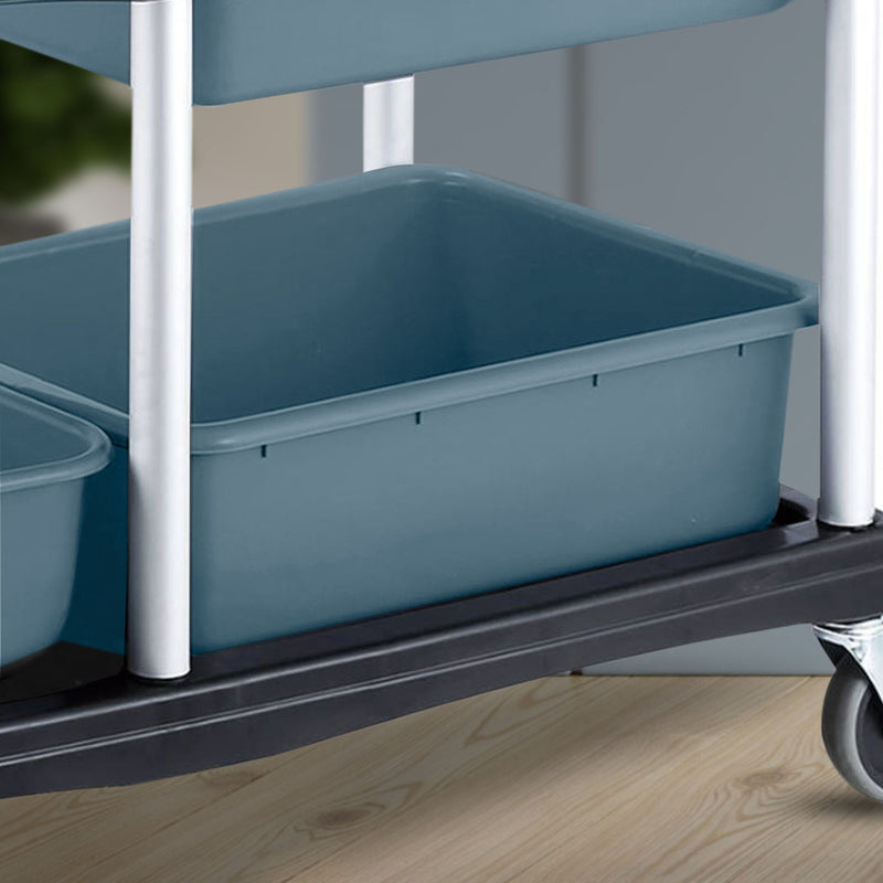 3 Tier Commercial Soiled Dish Cart Five Buckets Aluminum Steel Frame Blue Bins