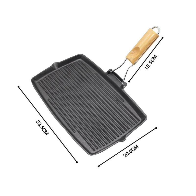 Cast Iron Rectangular Grill Pan 20.5cm Black Folding Wooden Handle
