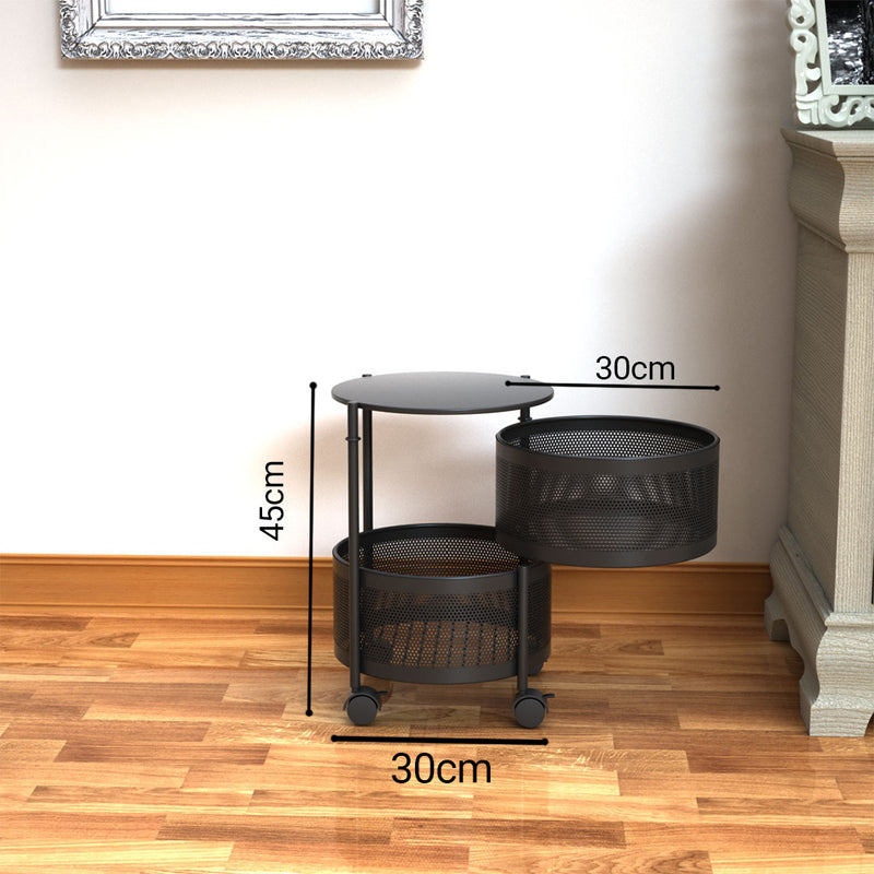 2X 2 Tier Carbon Steel Round Rotating Kitchen Cart Black 30cmx30cmx45cm