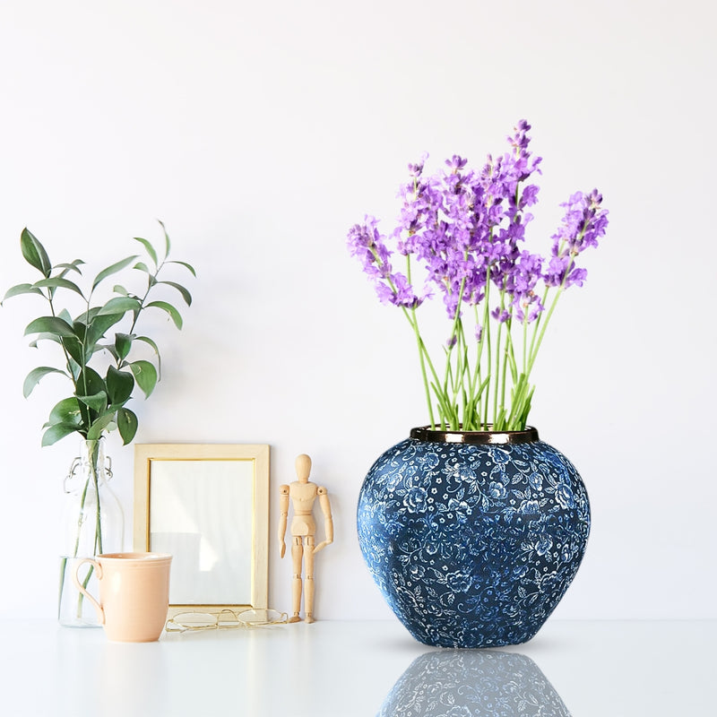 Small Ceramic Flower Vase 21x22Cm Blue With White Floral Handcrafted