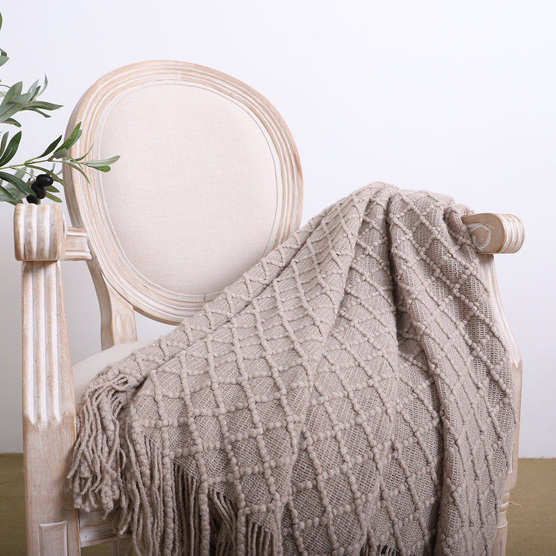 Coffee Knitted Throw Blanket 130x170cm Zigzag Fringe Acrylic Home Decor