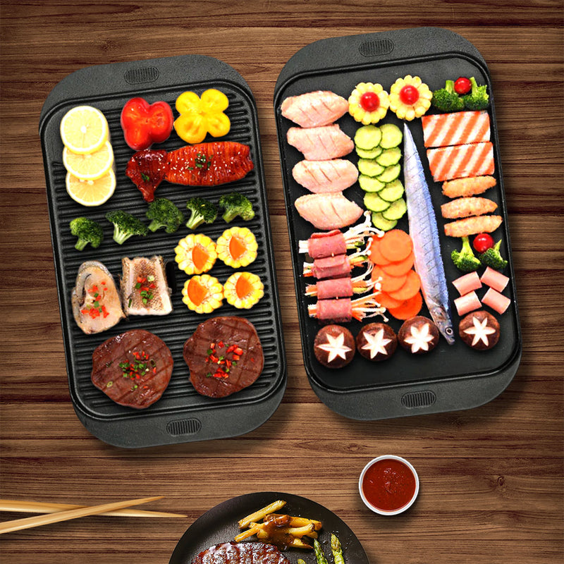 2X 47cm Cast Iron Ridged Grill Pan Reversible Nonstick BBQ Griddle