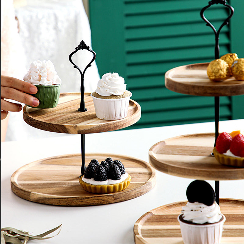 Acacia Wood Dessert Tray 15cm 2 Tier Round Brown Metal Handle