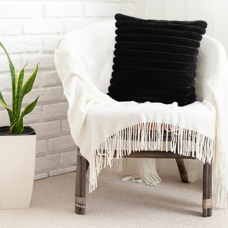 2X Velvet Polyester Cotton Throw Pillow 45Cm Square Raised Fringed Black