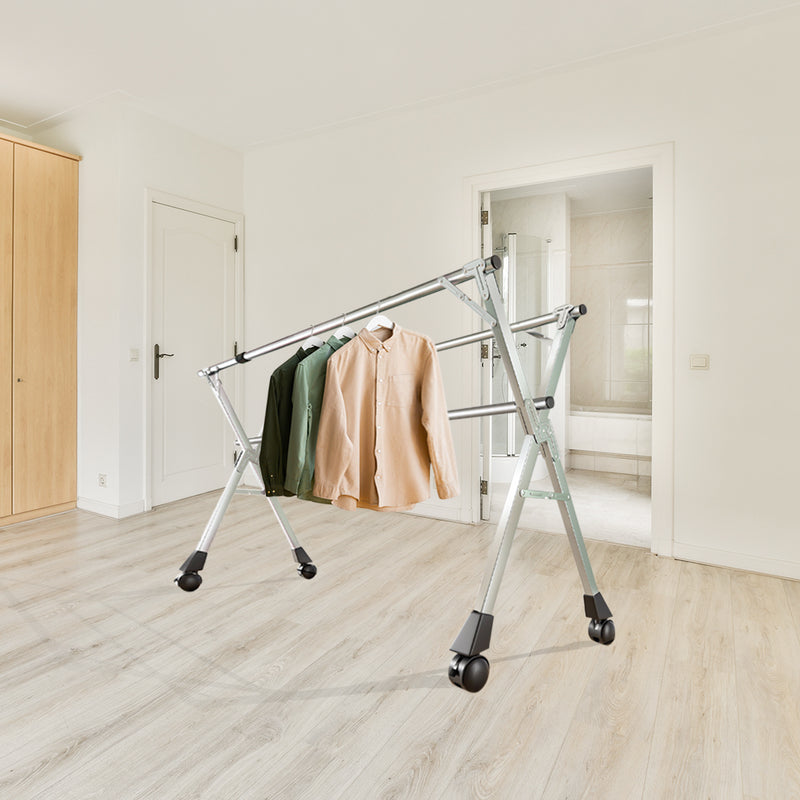 2X Portable Stainless Steel Clothes Drying Rack 240x140x50cm 3 Poles Wheels