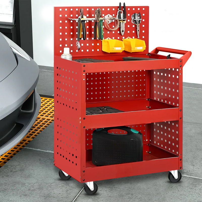 2X 3 Tier Tool Cart Steel 40kg Per Tier Red Ventilated Side Panels Wheels