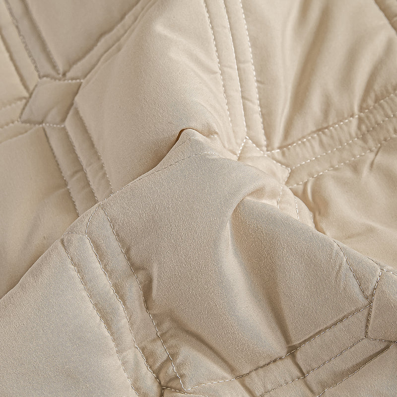 2X Beige Polyester Quilted Stretch Mattress Cover 203x183x40cm 4 Pillow Covers