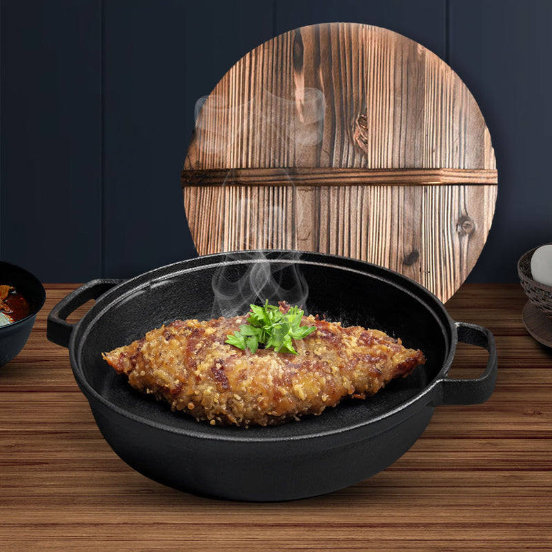 Round 29cm Cast Iron Deep Skillet Pan Pre Seasoned Non Stick Wooden Lid Black