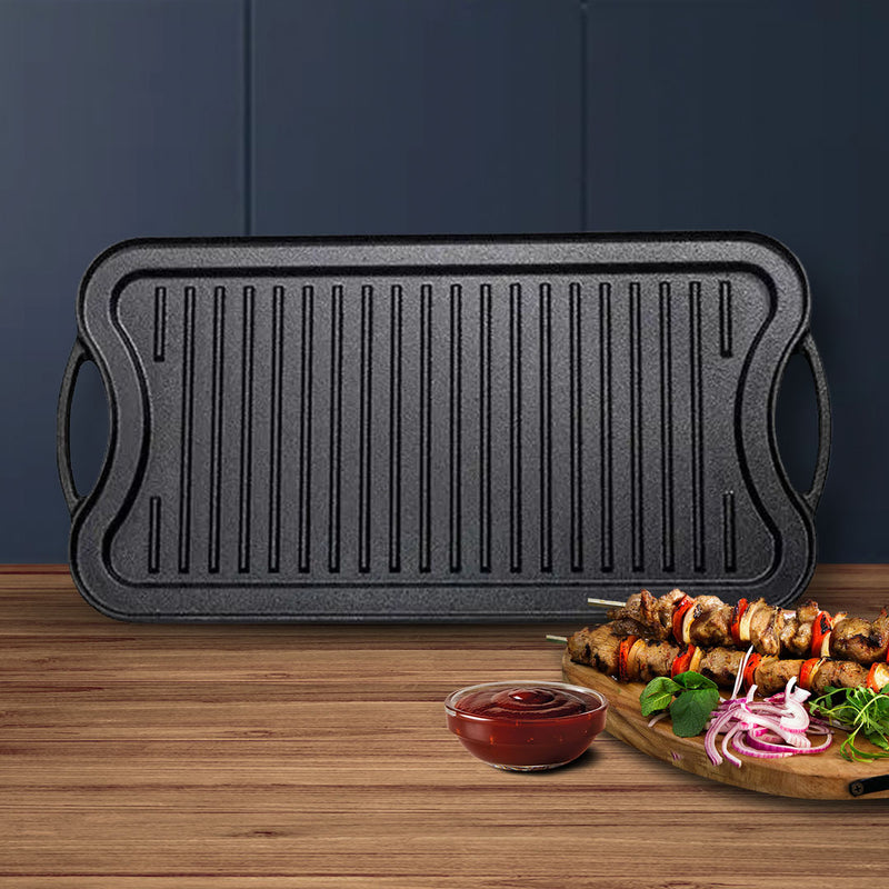 Cast Iron Ridged Griddle Pan 50.8cm Non Stick BBQ Stovetop Outdoor Cooking