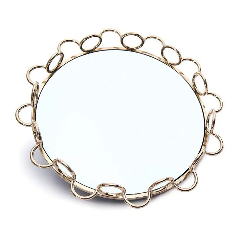 33cm Bronze Round Vanity Tray Glass Mirror Metal Wireframe Handles