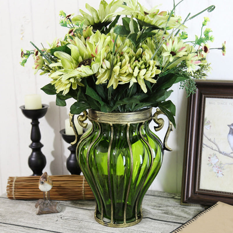 Green Glass Flower Vase European Style With Two Gold Metal Handles 25cm X 33cm