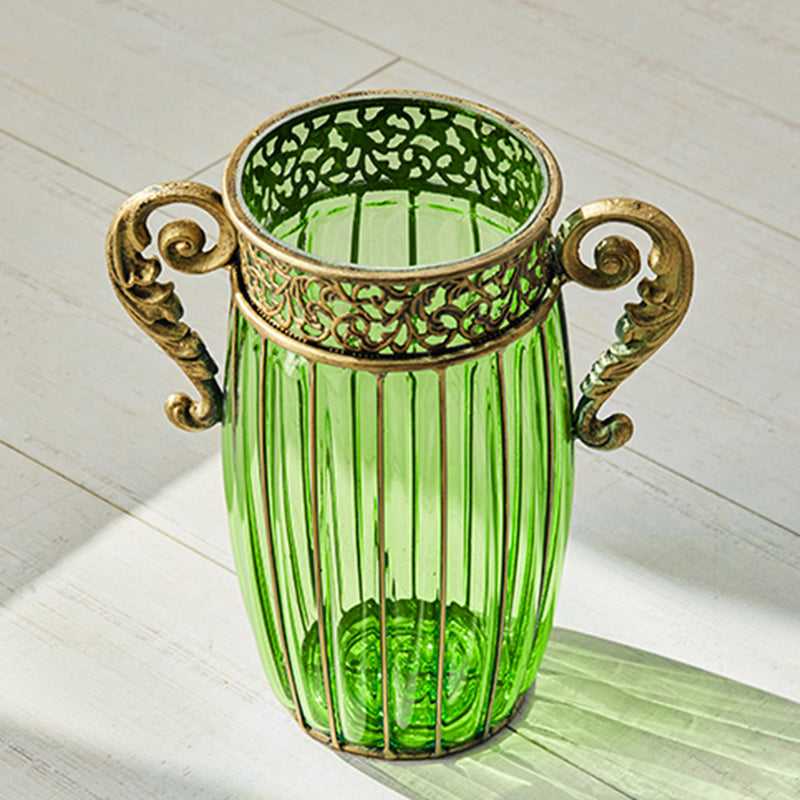 Green Glass Vase with 8 Bunch 5 Heads Silk Rose Flower Home Decor 12x14x27cm
