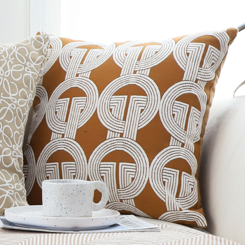 2X 50cm Brown Circular Chain Jacquard Throw Pillow Decorative Square Home Decor