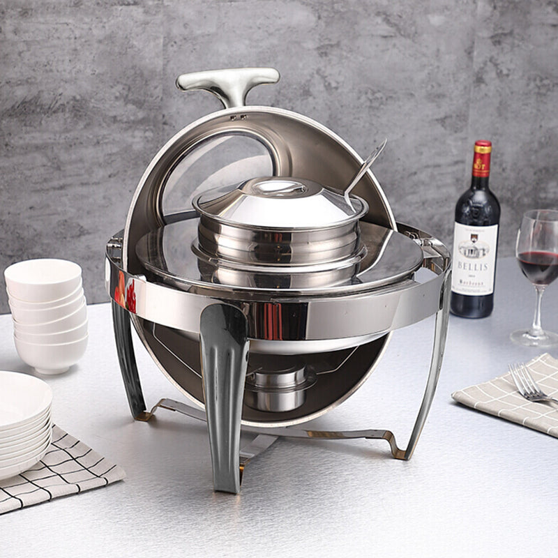 2X 6.5L Stainless Steel Round Roll Top Soup Tureen Chafing Dish Show Window Lid