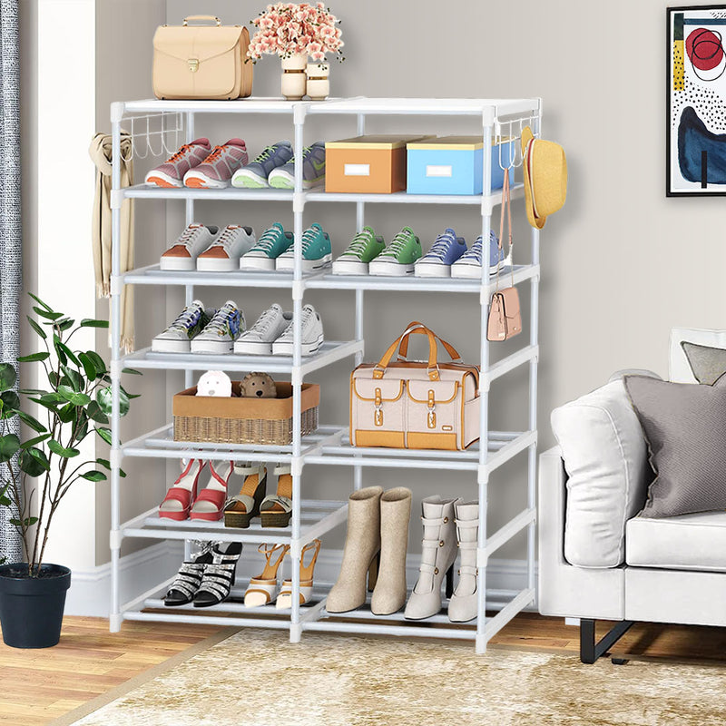 2X 12-Shelf Shoe Storage Rack Organizer White Iron Pipe Space-Saving Design