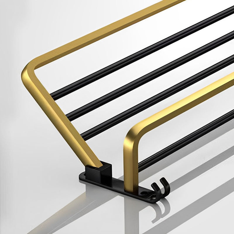2X 62cm Wall Mounted Double Pole Aluminum Towel Rack Black Gold With Hooks