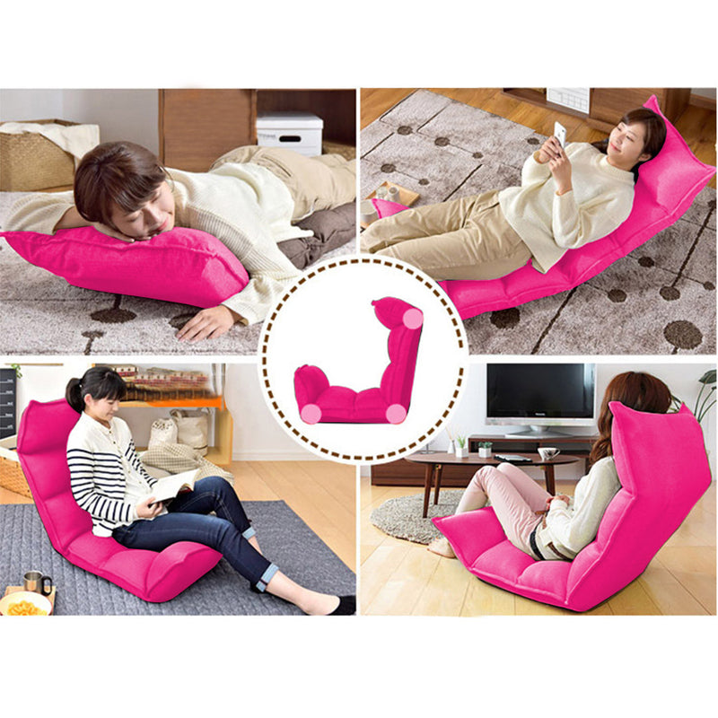 2X Foldable Suede Floor Recliner Chairs 130 x 53 x 13cm 5 Position Pink