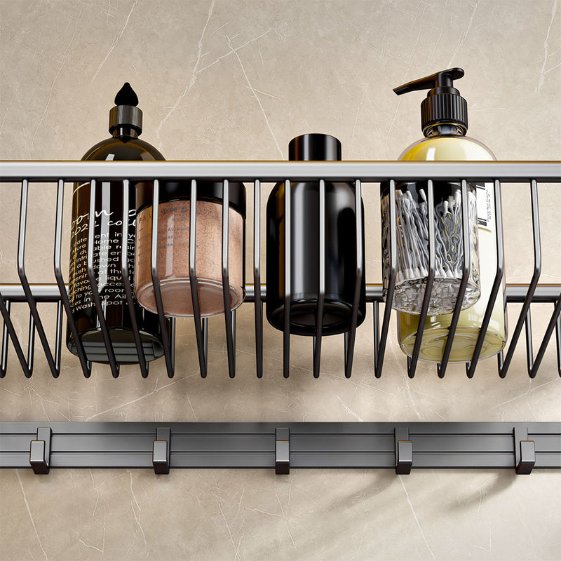 2X Wall Mounted Aluminum Gray Towel Holder Double Rail Organizer With Hooks