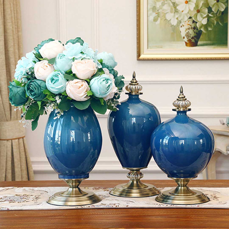 Ceramic Oval Flower Vase Gold Metal Base 42.5cm Dark Blue Home Decor