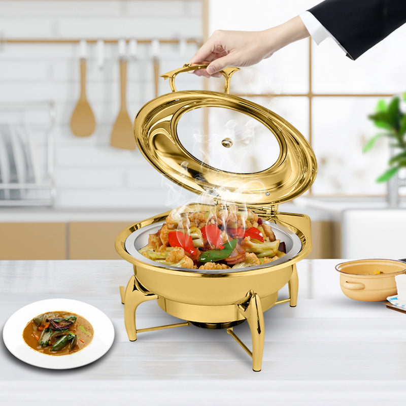 2X Gold Plated Stainless Steel Round Chafing Dish 6L With Lid