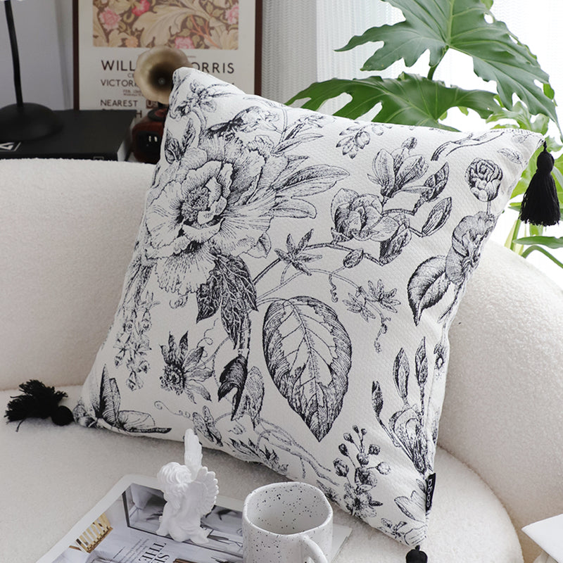Throw Pillow 50x50x18cm Polyester Cotton Black And White Floral Tassels