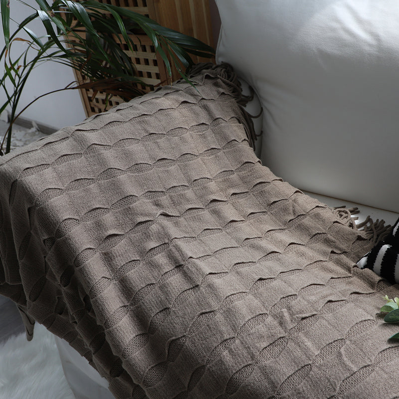Textured Knitted Throw Blanket 100% Acrylic 130x170cm Coffee Tassels