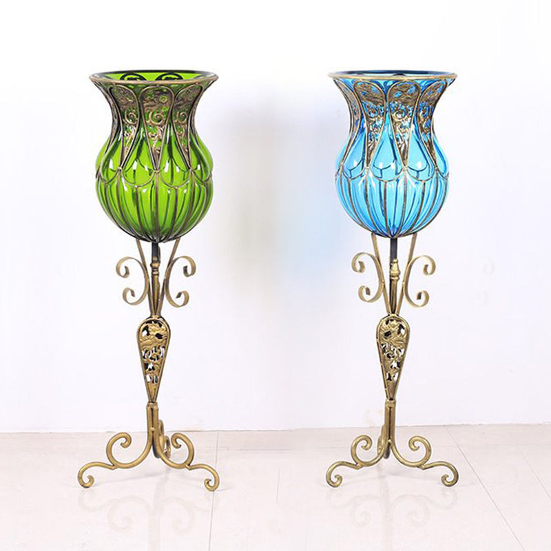 85cm Blue Glass Floor Vase Gold Metal With 12pcs Dark Pink Artificial Flowers