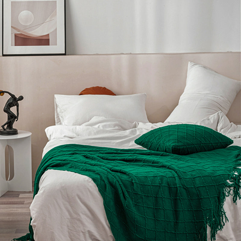 Green Knitted Throw Blanket 130x230cm Diamond Pattern Acrylic With Tassels