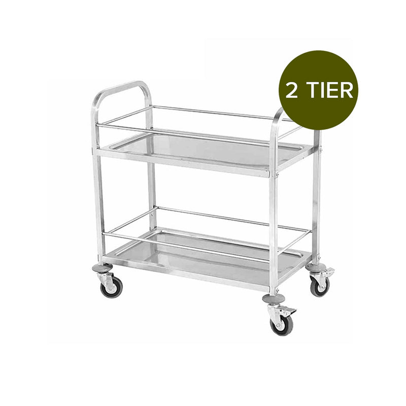 2X 2 Tier 95x50x95cm 18/10 Stainless Steel Utility Service Cart Locking Wheels