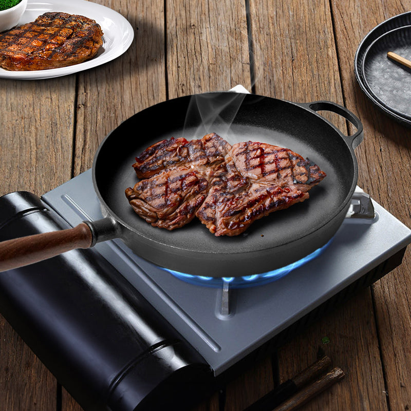 2X 29cm Cast Iron Frying Pan Skillet Non-Stick Sizzle Platter With Handle