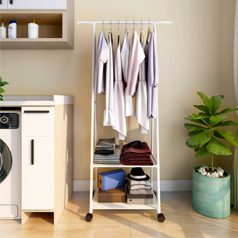 2-in-1 Clothes Shoe Rack Space-Saving Triangular Storage with Wheels White