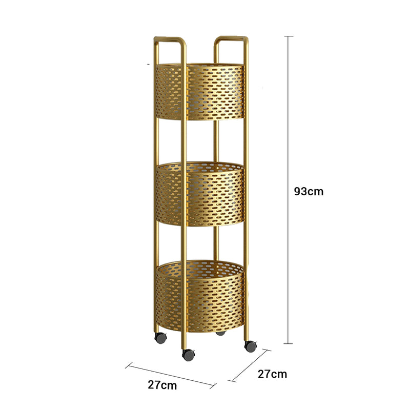 3 Tier Metal Bathroom Shelf Gold 27x27x93cm 360 Degree Casters