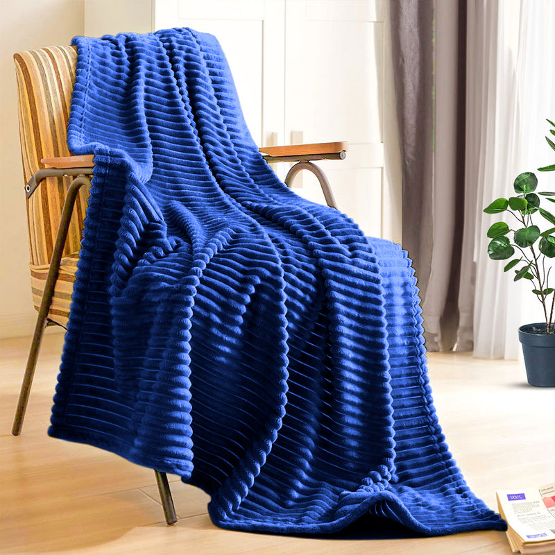2X Blue Thin Flannel Throw Blanket 200x230cm Warm Cozy Striped Pattern Fleece