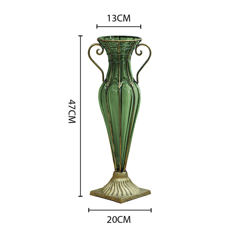 Green Glass Flower Vase 47cm Tall Solid Base Two Gold Metal Handles