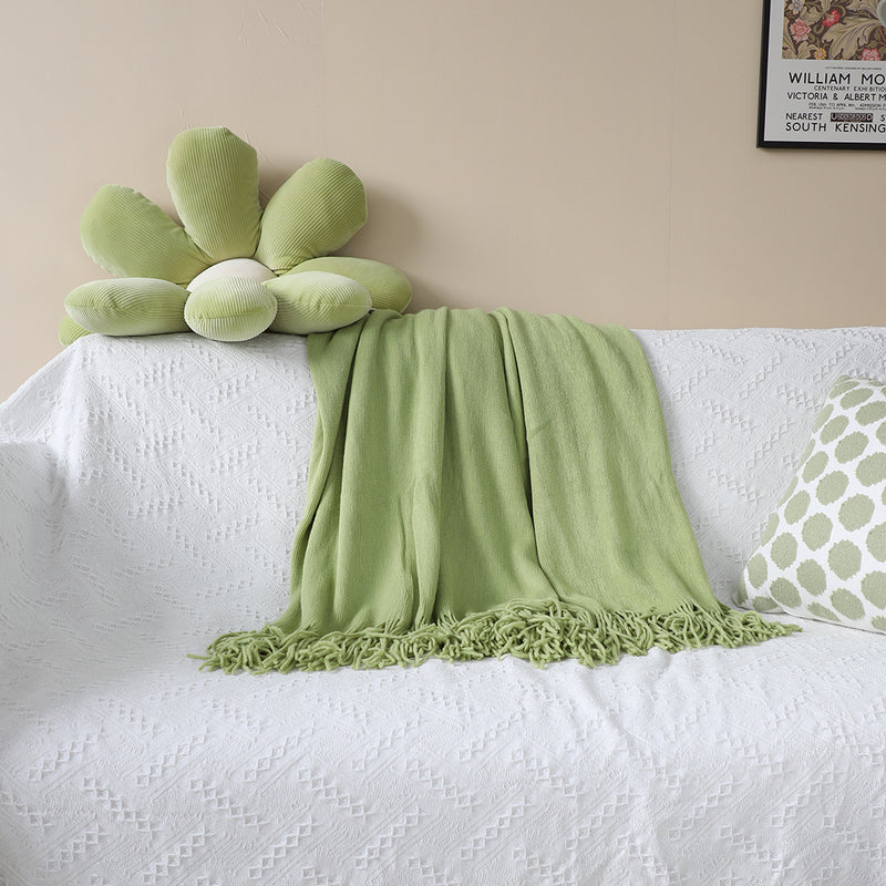 Green Acrylic Knitted Throw Blanket 130cmx220cm Solid Fringed Home Decor