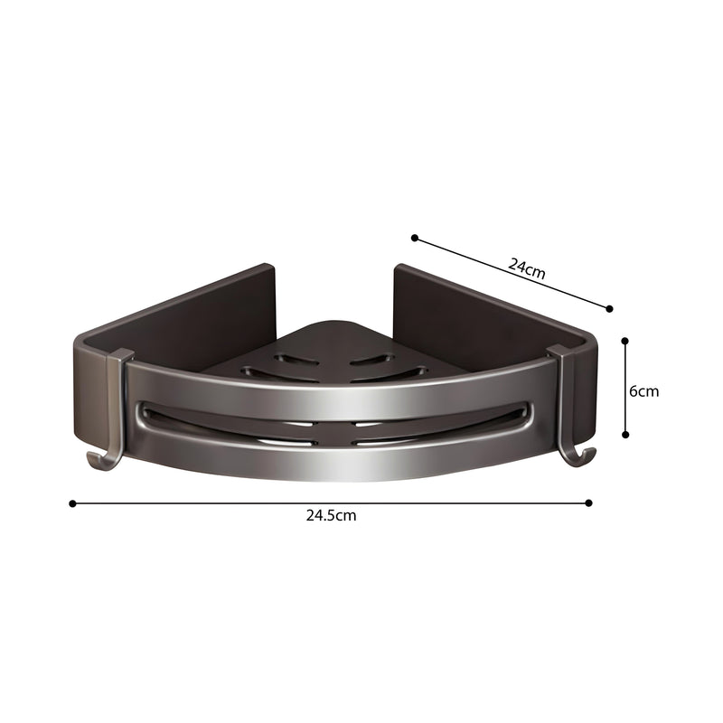 2X Black Aluminum Corner Bathroom Shelf Rack Wall Mounted Hooks 24.5x24x6cm