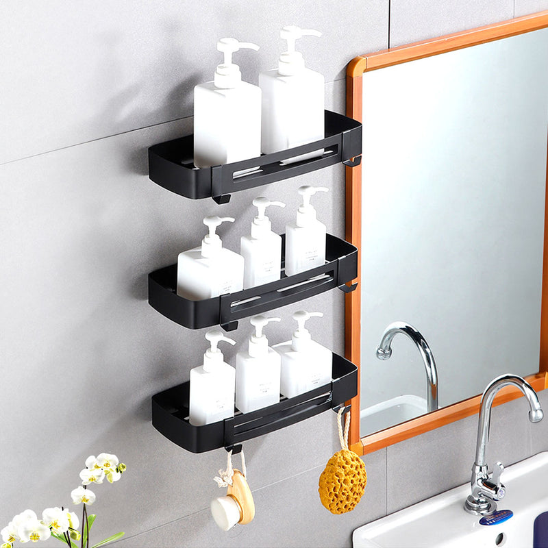 Wall Mounted Aluminum Adhesive Bathroom Shelf Rack With Hooks 33x15x6cm Black