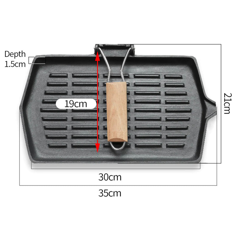Rectangular Cast Iron Grill Pan 21x35cm Ridged Folding Wood Handle Black