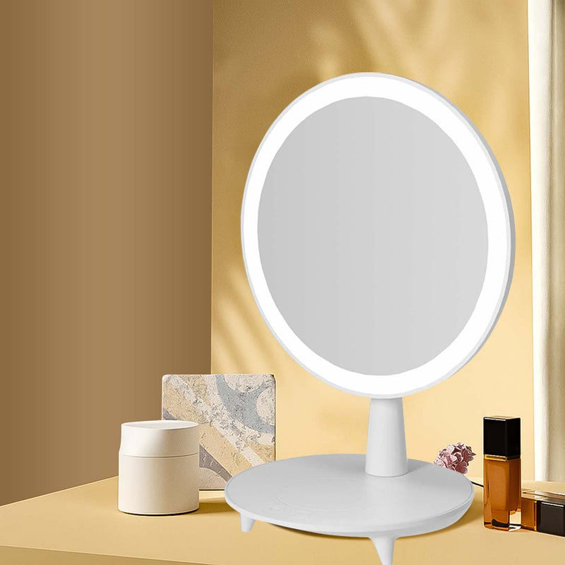 Round White Rechargeable Led Makeup Mirror Plastic 15.5x25.7cm Storage Base Usb