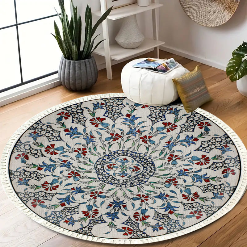120cm Round Mandala Area Rug Polyester Anti Slip Backing Multicolor