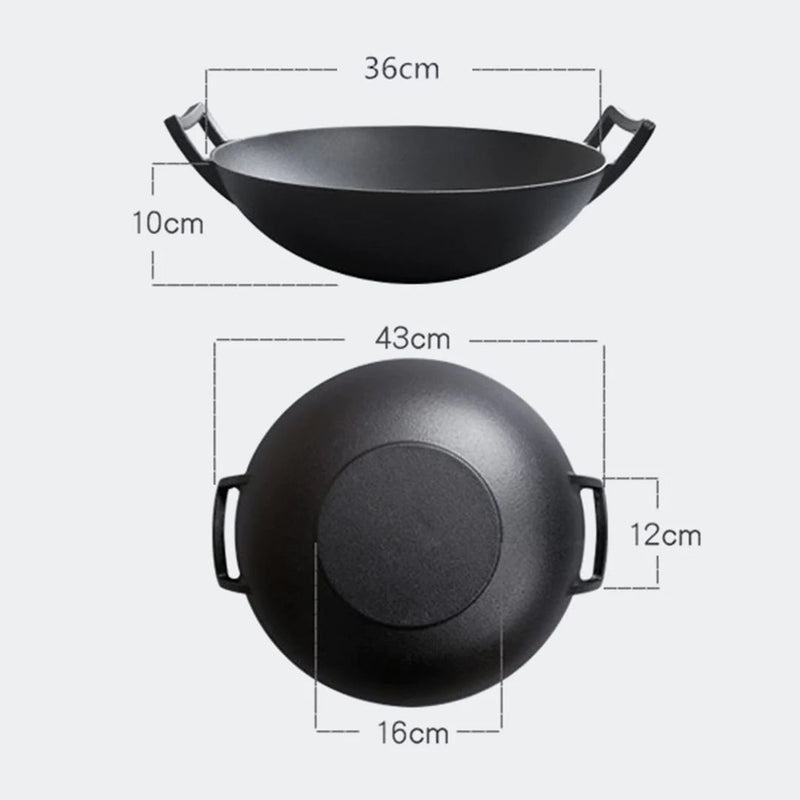 2X 36CM Cast Iron Wok Fry Pan With Wooden Lid Nonstick Black Long Handle