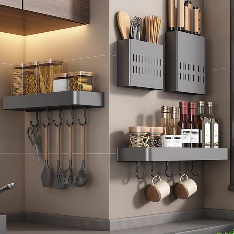 40cm Black Aluminum Wall Mounted Kitchen Spice Rack With Hooks Space Saving