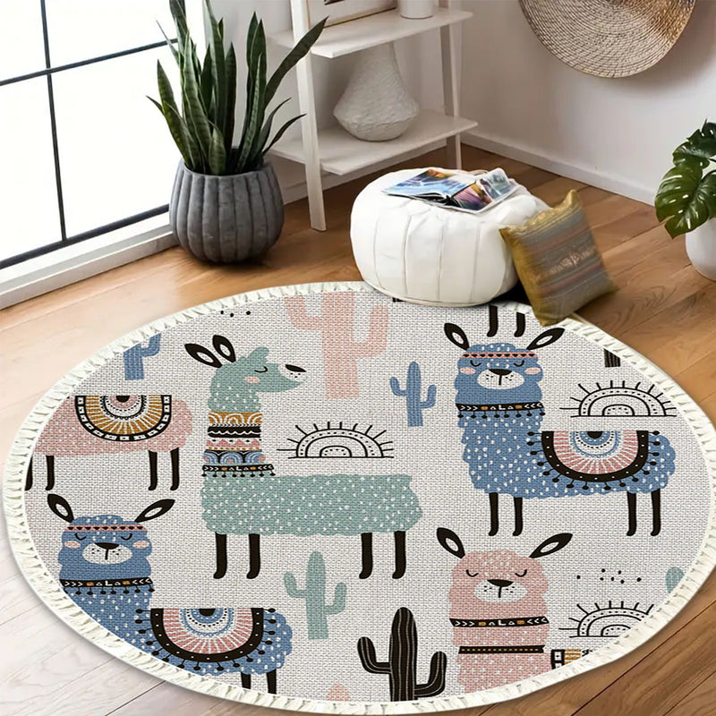 2X 120cm Round Polyester Area Rug Alpaca Cactus Pattern Colorful Non Slip
