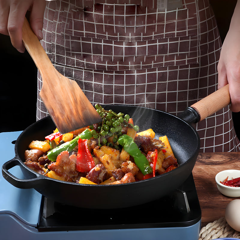 25cm Cast Iron Frying Pan Skillet Sizzle Platter with Wood Handle Nonstick