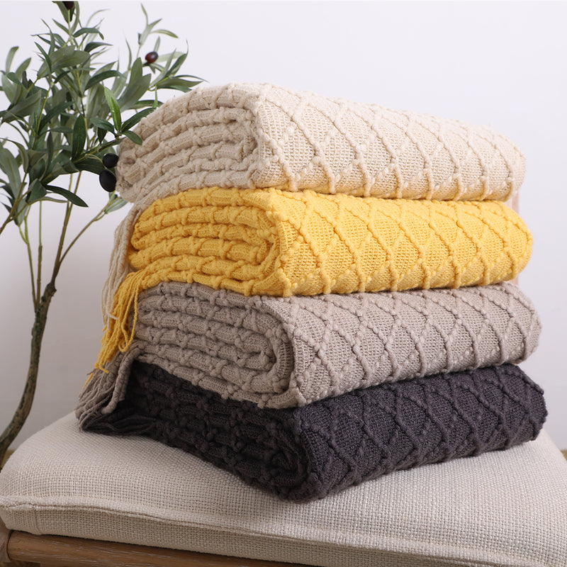 Knitted Throw Blanket 100% Acrylic 130cmx170cm Beige Diamond Pattern Tassels